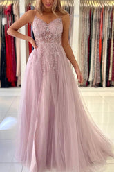 Pink Tulle A-line V-neck Beaded Prom Dresses With Slit, Evening Gowns